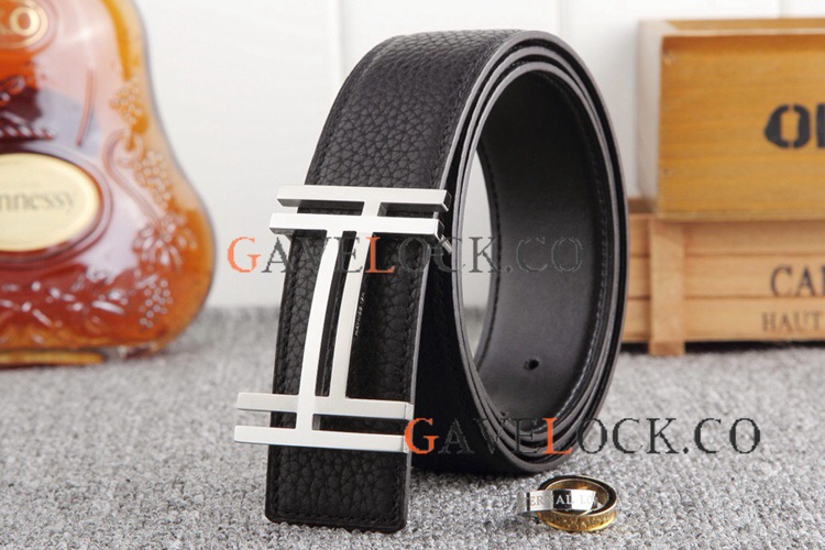 Top Grade Replica Hermes Litchi Leather Belt Silver Double H Buckle 38MM